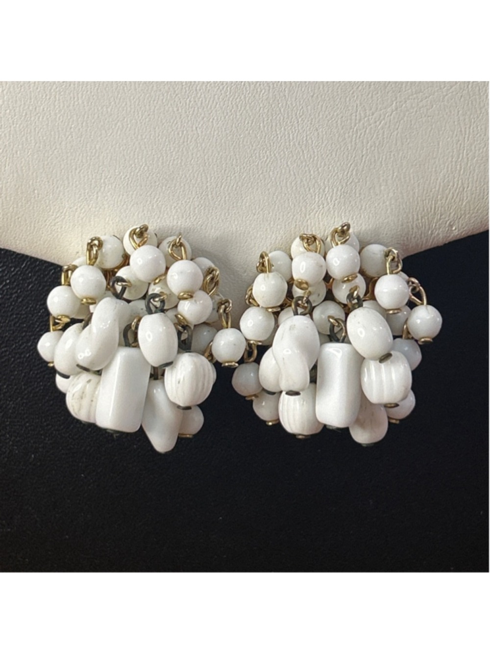 Women's Vogue White milk glass & Gold Beaded Cluster Clip-On Earrings